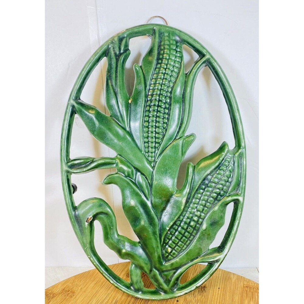 Vintage Corn Stalks Green Cast Iron Trivet Home Essentials 11" 1/5" 7" See Pic